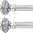 2 Pack Silver Curtain Rods for Windows 48 to 84 Inch, Decorative Vintage Crystal 1'' Diameter Curtain Rod with Silver Foil Finials, Adjustable Heavy Duty Easy Install Drapery Pole for Farmhouse
