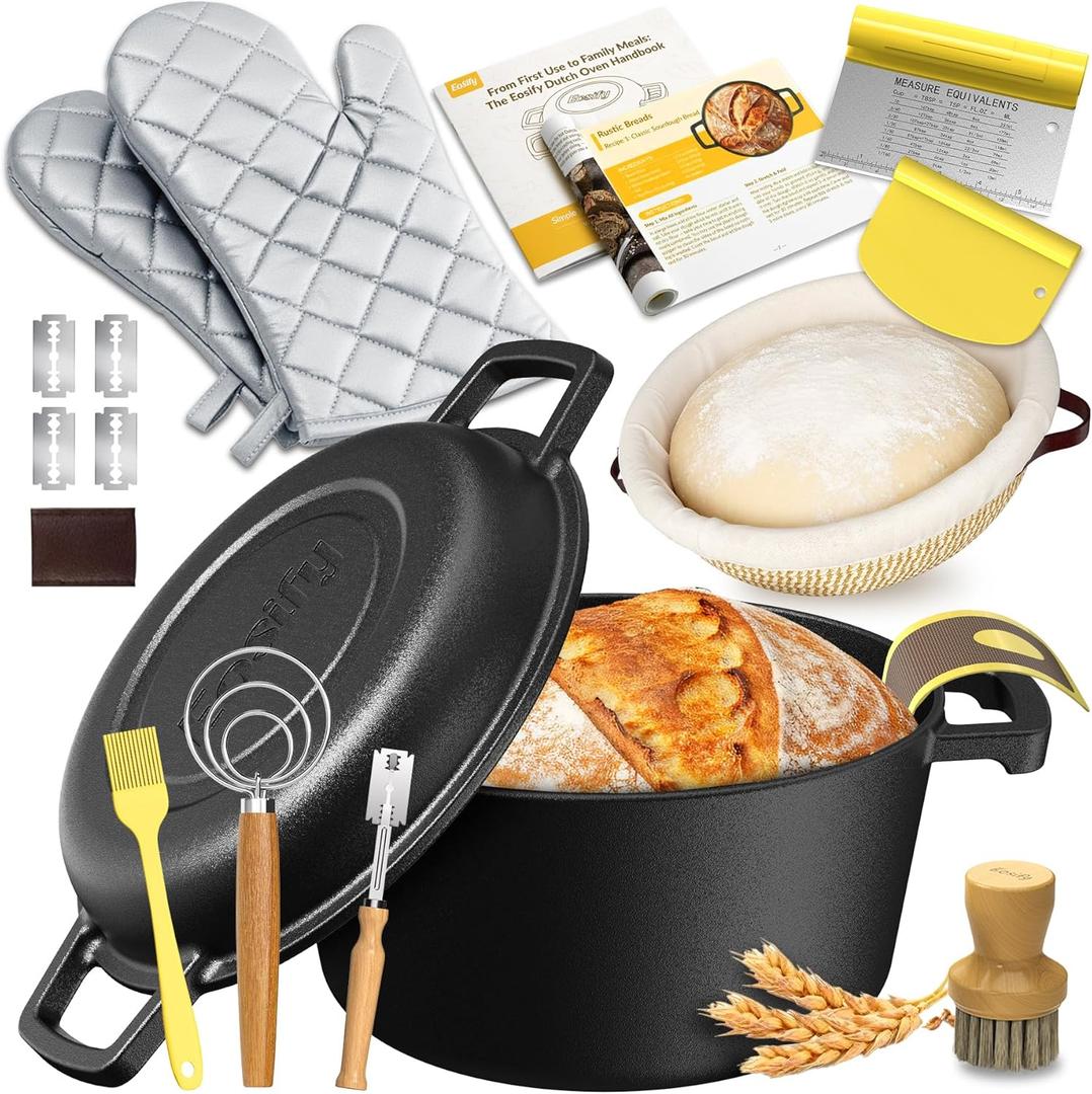Cast Iron Dutch Oven for Bread Baking - Sourdough Starter Kit with Dutch Oven, Mitts, Banneton, Bread Sling & Baking Supplies, 5QT Pot with Lid for Sourdough Baking, Frying, Braising & Camping
