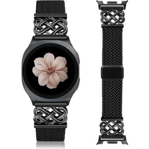 Braided Magnetic Band Compatible with Samsung Galaxy Watch 8 7 6 5 4 FE 40mm 44mm/8 6 Classic/5 Pro/4 Classic/3 41mm/Active 2 Women Men, 20mm Celtic Stretchy Elastic Dressy Nylon Strap, No for Ultra (Black/Black)