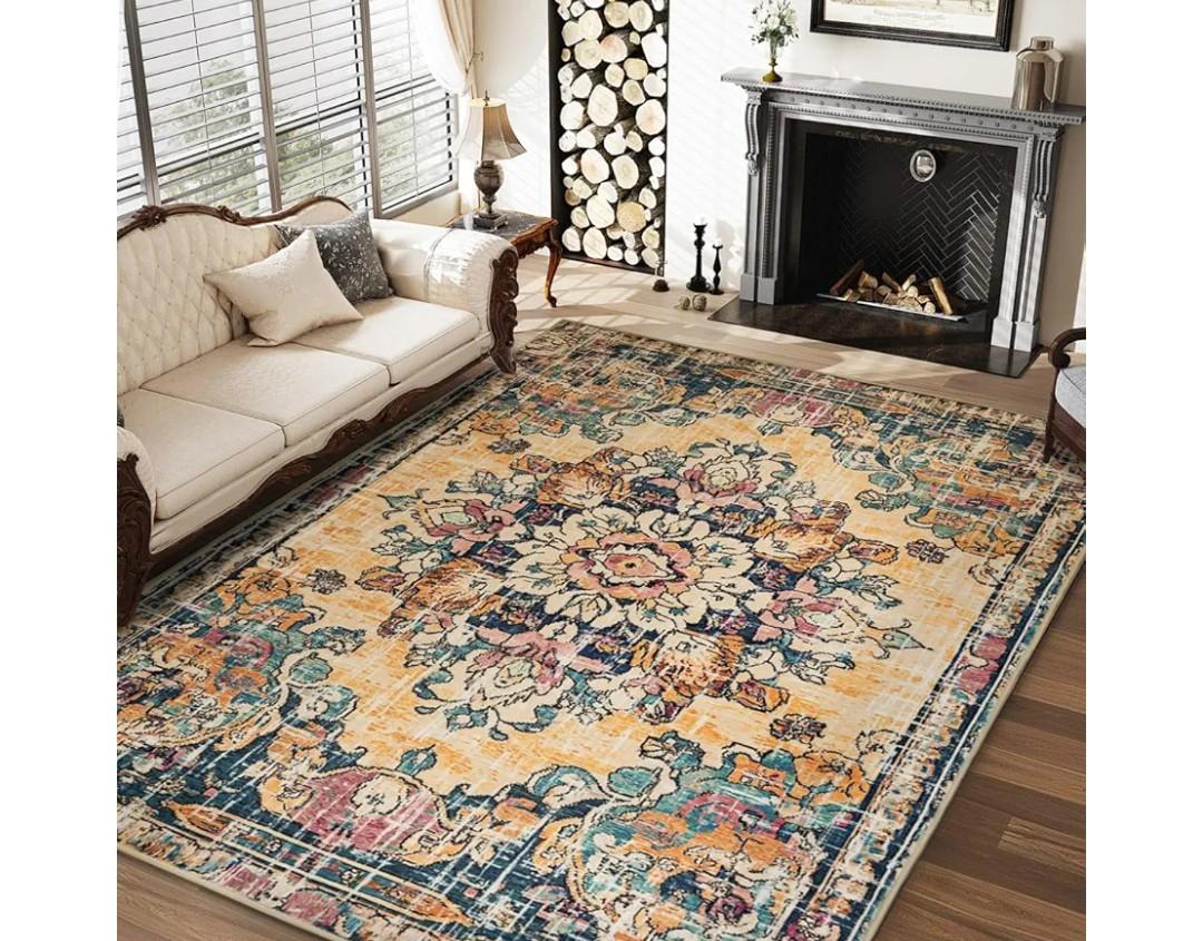 5x7 Boho Area Rug for Living Room,Washable Vintage Area Rugs,Low Pile Soft Floor Carpet,Non-Slip Eco-Friendly Large Rug for Bedroom Kitchen Office,Orange&Cream 5x7 Boho Area Rug for Living Room,Washable Vintage Area Rugs,Low Pile Soft Floor Carpet,Non-Slip Eco-Friendly Large Rug for Bedroom Kitchen Office,Orange&Cream