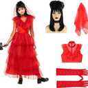 Christmas Costume Kids for Girls Red Dress with Black Wig Veil Lace Gloves Costume Set (140(8-9Y))