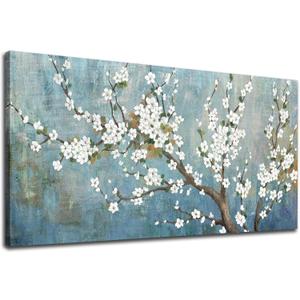 yearainn Elegant Flowers Canvas Wall Art - Plum Blossom Pictures for Wall Decor Rustic Turquoise Canvas Painting Nature Printing Artwork for Living Room Bedroom Home Office Wall Decoration 20" x 40"