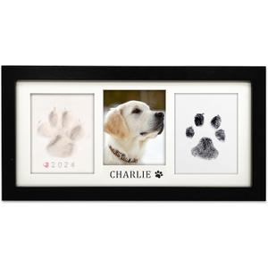 MYPAWLETS Paw Print Frame Kit, Dog/ Cat Paw Print Kit, Soft Pawprint Clay&Clean Touch Ink Pad, Pet Paw Print Impression Kit with Customization Tool, Wooden Pet Memorial Frame, DIY Dog Lover Gifts-Black