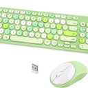 Wireless Keyboard and Mouse Combo, Retro Typewriter Keyboard with Round Keycaps, 2.4GHz USB Cute Wireless Keyboard Mouse for Computer, Desktop, Laptop (Green Colorful)