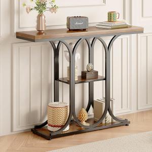 GiftGo Narrow Console Table for Entryway Industrial Sofa Table Behind Couch Ellipse Frame Rustic Wooden Accent Tables with Storage Shelves for Living Room, Hallway, Foyer (Brown)