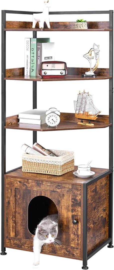 BEWISHOME Cat Litter Box Enclosure Furniture, Hidden Litter Box Furniture for Living Room, Large Cat Furniture with 4 Tier Shelves and Door, Rusitc Brown, CMW06Z