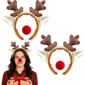2 Pack Reindeer Antlers Headband, Deer Ears Costume with 2 Pack Red Nose Cute Fluffy Animal Hairbands (Brown)