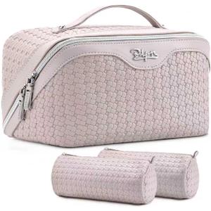 BOYATU Travel Makeup Bag Cosmetic Bags for Women: Large Capacity 3 Pcs Set Make up Bag with Compartments - Waterproof Vegan Leather Toiletry Organizer Bags with Handle (L18 Beige)