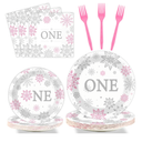 Winter Onederland 1st Birthday Themed Tableware - Snowflake One Plates, Napkins for Baby Girls First Birthday - Disposable Paper Party Decorations Supplies Favors for 24 Guests