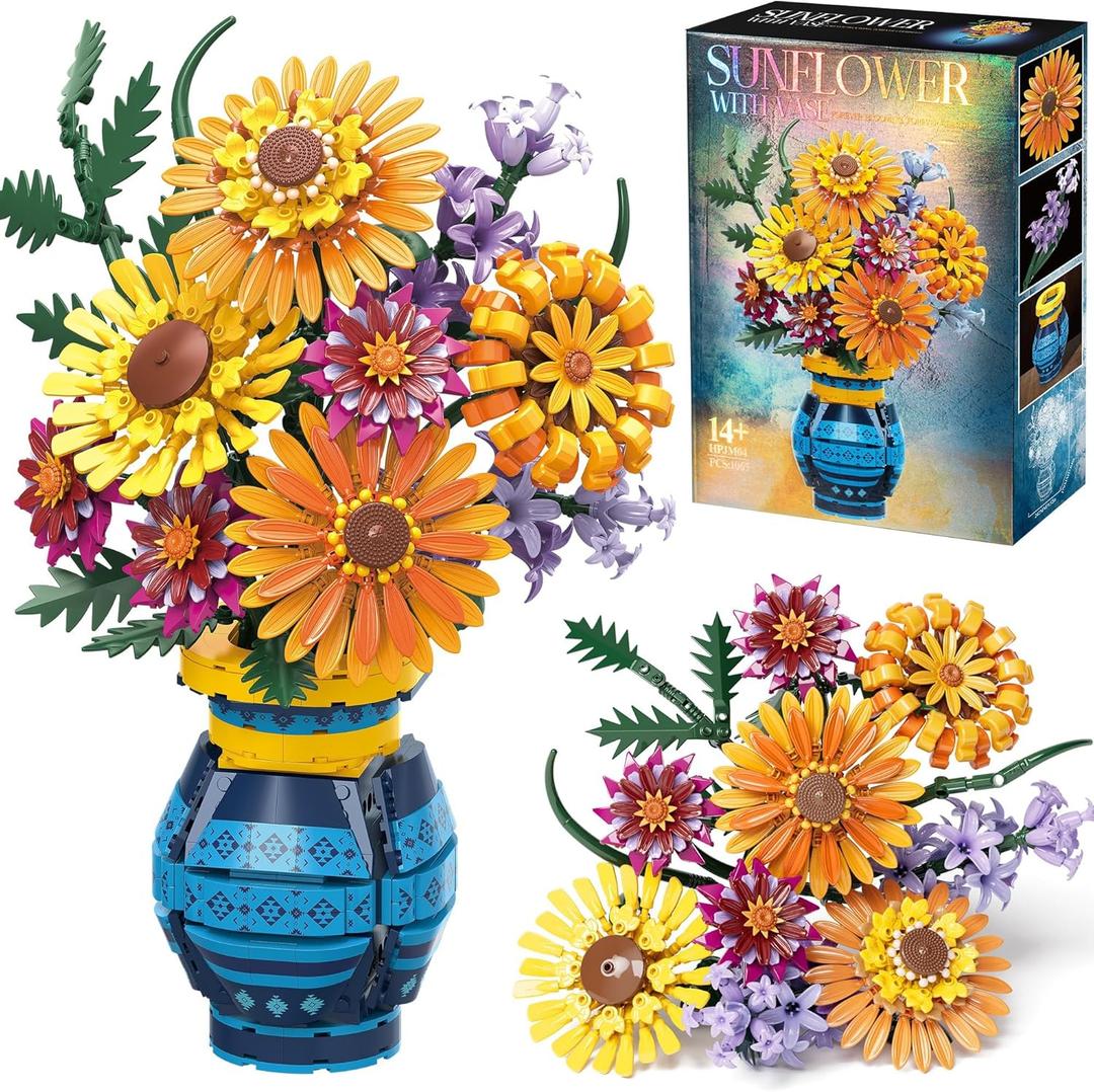 Flower Bouquet Building Blocks Set with Vase, Valentines Day Gifts for Her Wife Him, 1065PCS Sunflower Botanical Collection Artificial Flower Birthday Gifts for Women Men Teen Girls Mom Teacher Adults