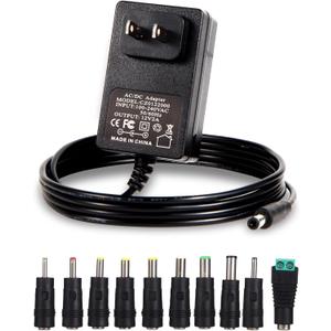 12V 2A Power Adapter Charger AC 12V Regulated Power Supply DC in 12 Volts 2000mA Power Cord with 10 Interchangeable DC Plug for LED Strip Light, CCTV Camera, GPS, Webcam, Router, BT Speaker