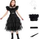 Women Vintage Goth Black Dress Costume Gothic Cosplay Girl Dance Tulle Lace Skirt Halloween Party Outfit with Necklace (150)