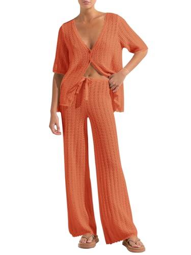 Imily Bela Women's Summer 2 Piece Swimsuit Cover up Crochet Knit Cardigan Tops Long Pants Set Bathing Suit Beach Outfit - Size Large