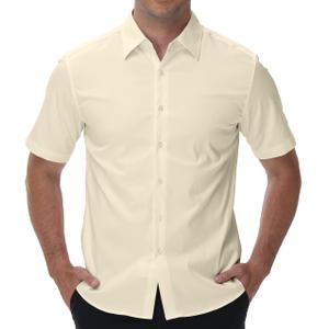 EOUOSS Men's Short Sleeve Dress Shirts Wrinkle Free Stretch Formal Wedding Prom Regular Fit Button Down Shirt Beige Small (S)