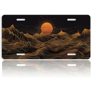 Mountain Golden Sun Front License Plate for Women Black Gold Car Plates Decorative Aluminum Metal Cute Novelty License Plate Cover for Men 6x12 Inch (4 Holes)