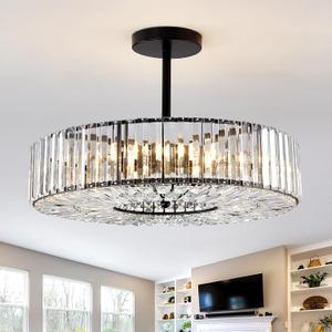 Piepooye 8 Lights Modern Large Crystal Chandelier Black Round Semi Flush Mount Ceiling Light Fixture Farmhouse Chandelier for Dinning Room Living Room Bedroom Hallway Entryway Kitchen, 21.65 inches
