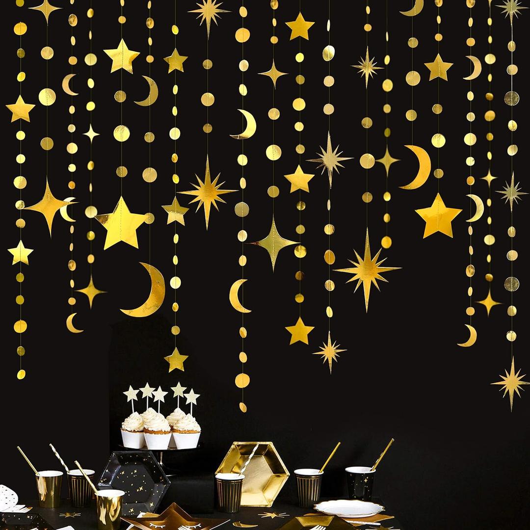 Gold Star Moon Circle Dot Garland Party Decorations Kit Hanging Crescent and Twinkle Little Star Streamer Bunting Banner for Kids Room First Birthday Ramadan EID Mubarak Baby Shower Wedding Engagement
