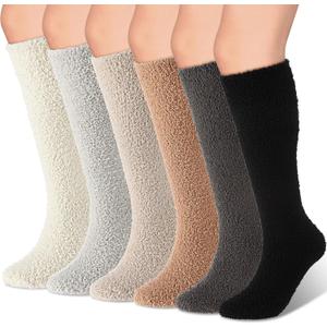 Geyoga 6 Pairs Knee High Cozy Fuzzy Socks for Women Soft Warm Long Plush Winter Long Socks for Christmas Winter Gifts (Classic Color)