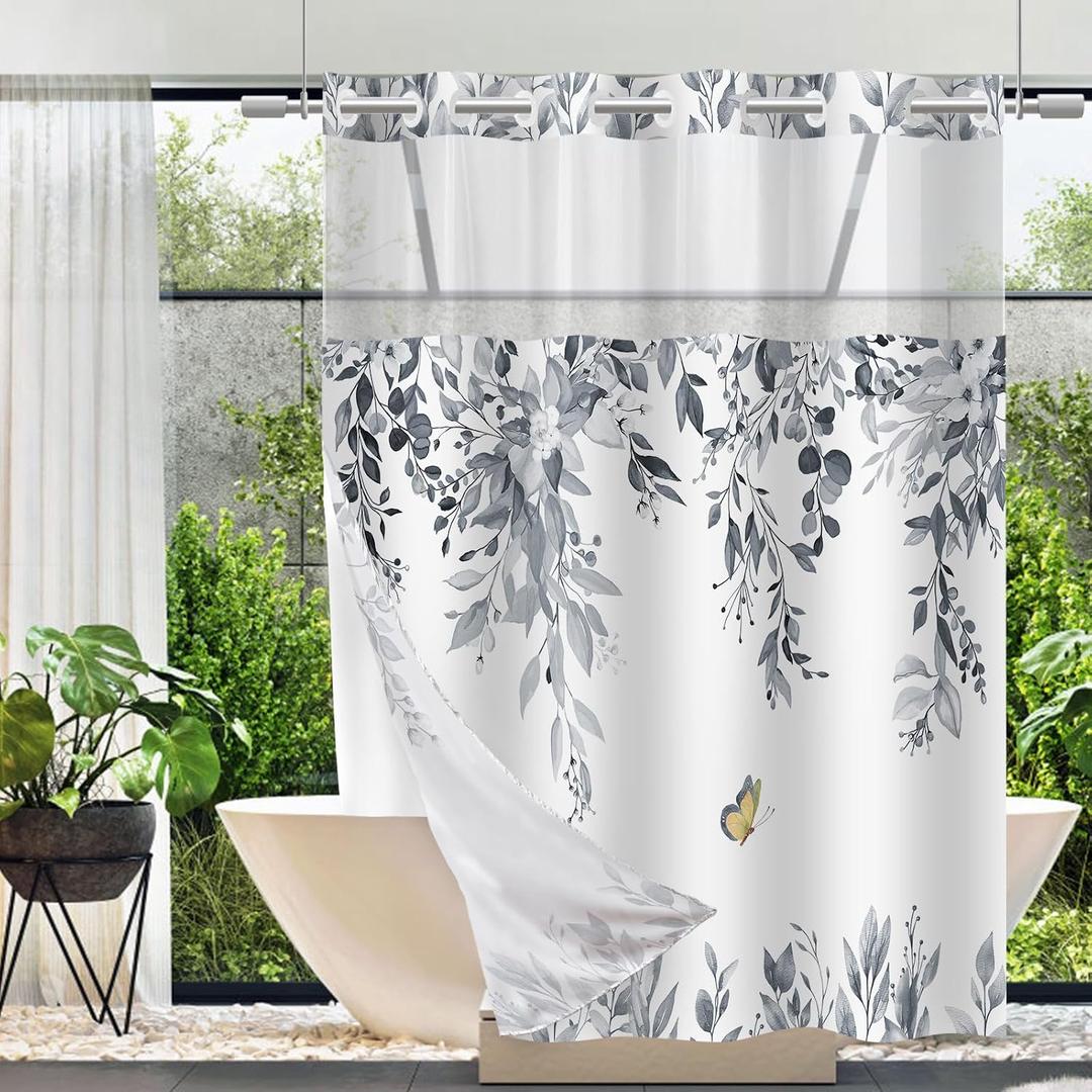 No Hook Shower Curtain and Liner Set, Blue Grey Eucalyptus Floral Shower Curtains for Bathroom, Bath Curtain Sets with Snap in Liner, Waterproof with See Through Top Window, 71x84 Inches