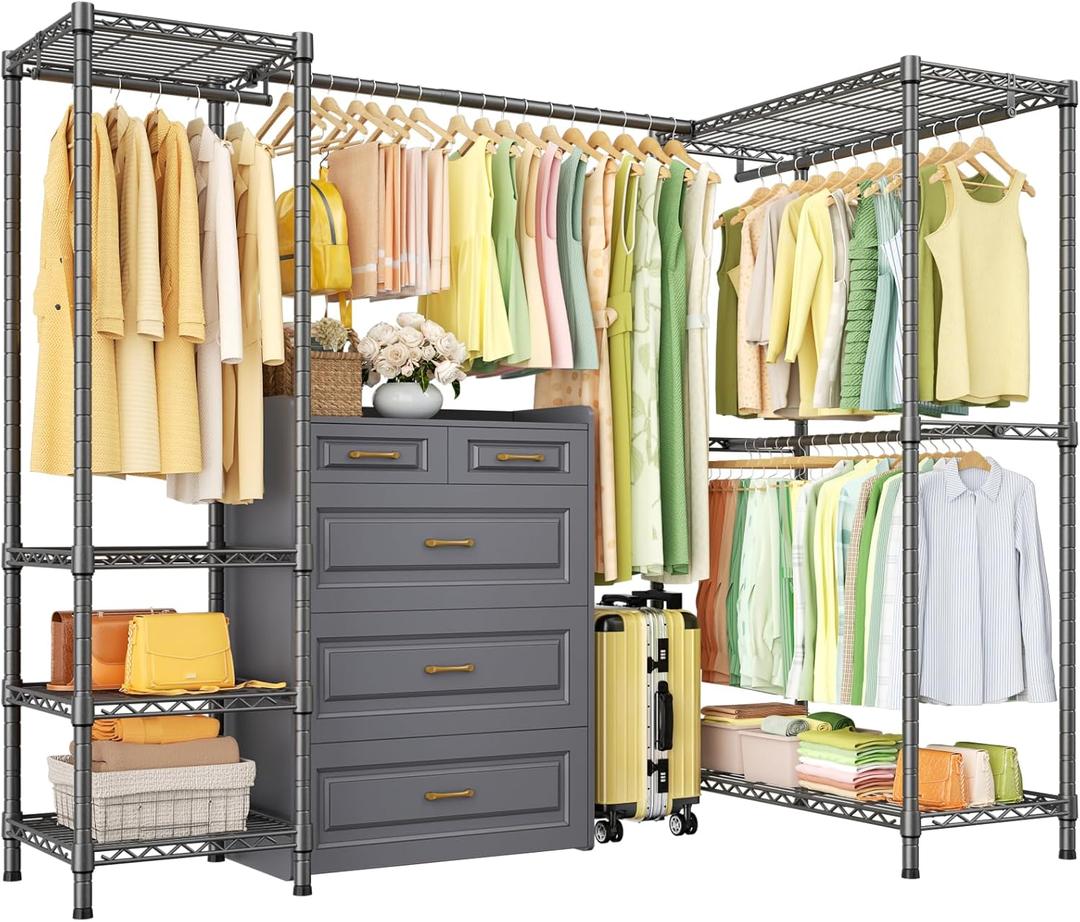 ULIFHOME E10L L-Shaped Clothes Rack for CornerWith Expandable Hanger RodHeavy Duty Freestanding Clothing Racks for Hanging ClothesPortable Garment Rack 58-82"W x 30"D x 72"HMax Load 900LBSGrey