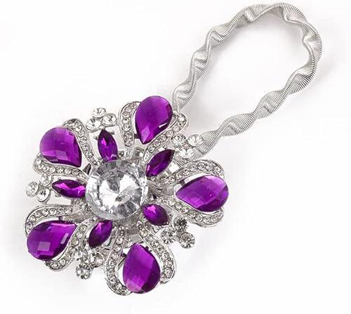 Magnetic Curtain Tiebacks Sparkling Flower Window Curtain Bind Holdback Buckles Clips Tie Backs Drapery Holders with Stretchable Spring Wire Rope for Decoration-2 pcs Purple