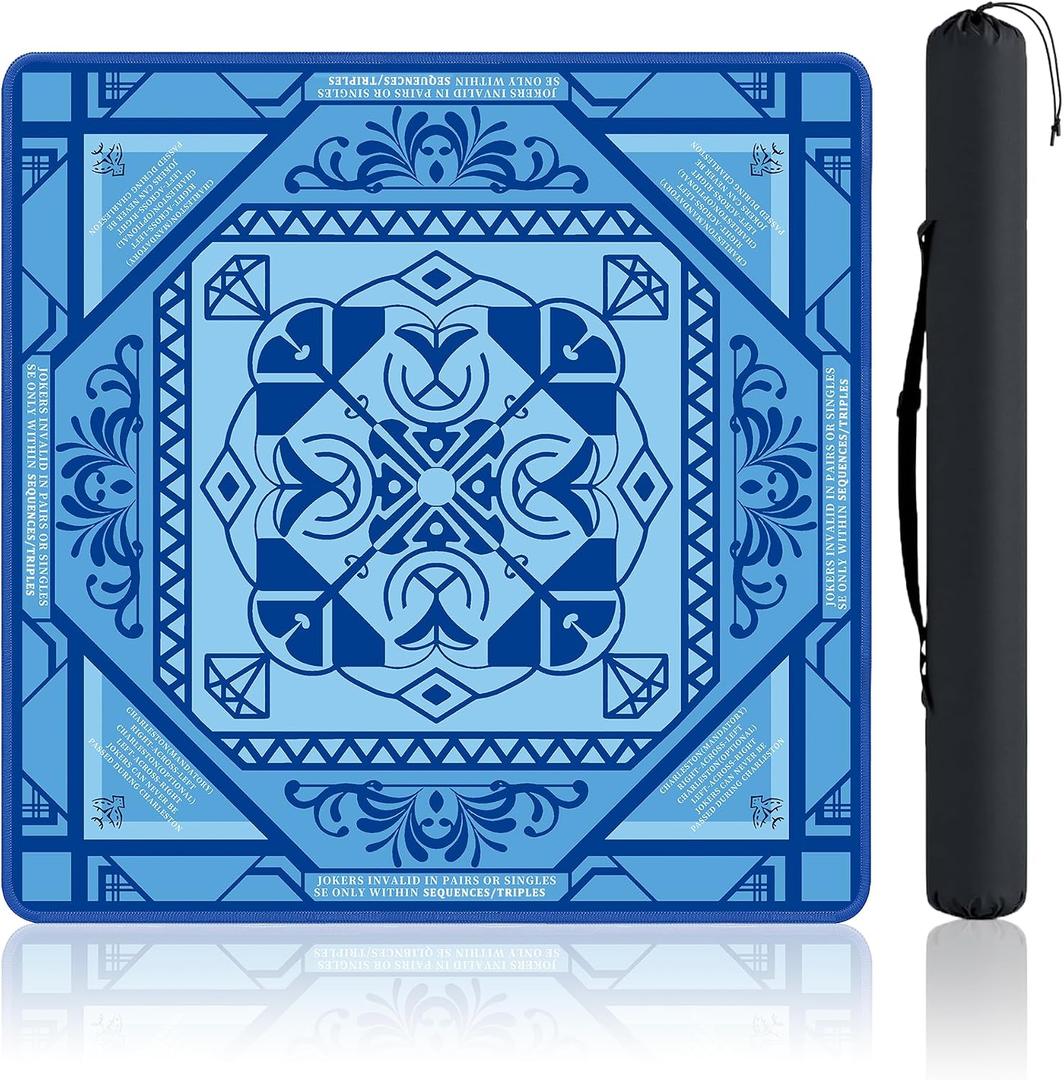 Mahjong Mat with Rules 31.5" x 31.5" Neoprene Rubber Square Blue Gaming Mat - Anti-Slip, Noise Reduction Durable & Easy to Clean for Mahjong Tiles, Poker, Dominoes & Board/Tile Games (Blue)