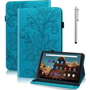 Case for Amazon Kindle Fire HD 10 9th/7th/5th Generation 10.1 Inch with Card Slots, Flower Pattern Embossed PU Leather Folio Wallet Stand Case for Fire HD 10 2019/2017/2015, Blue