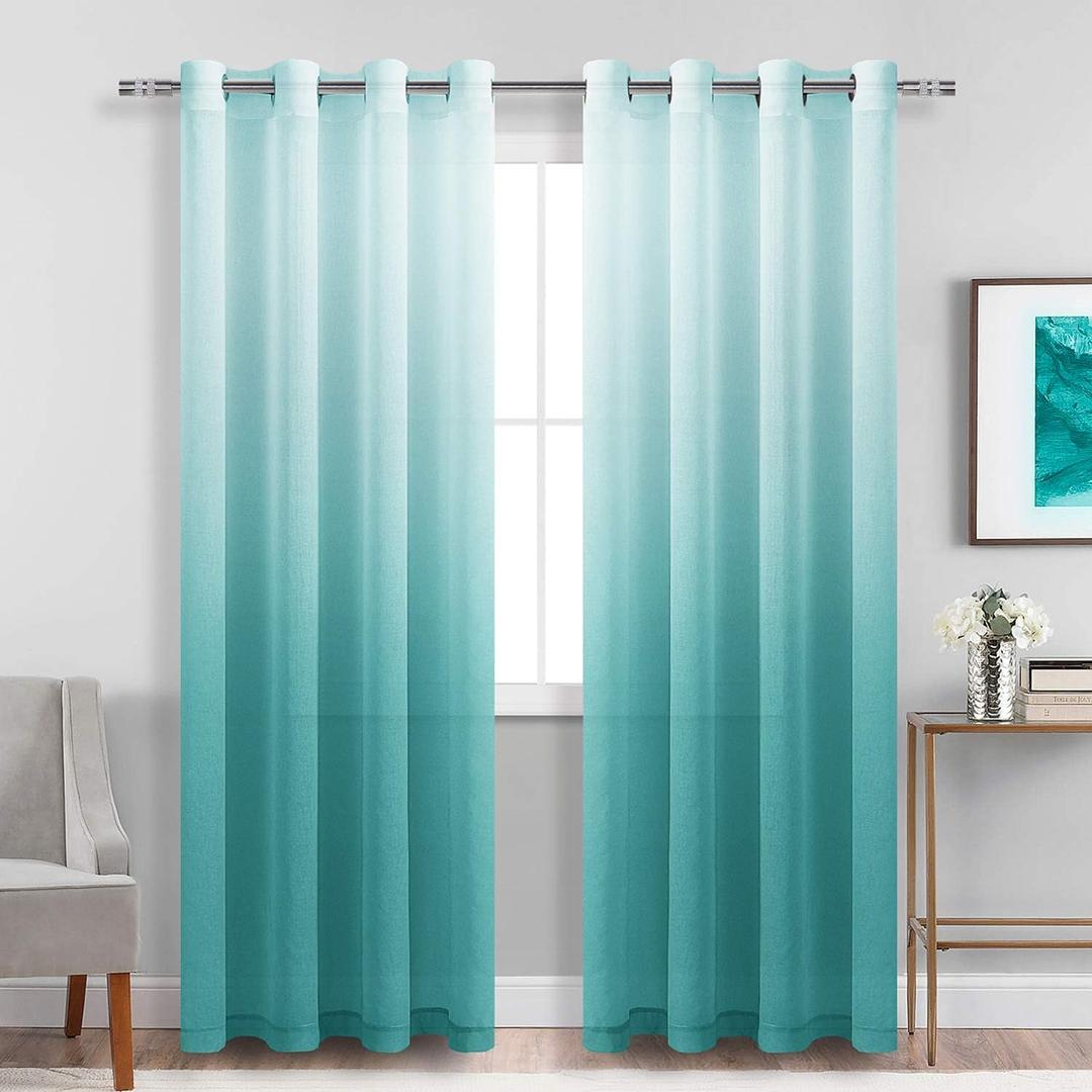DWCN Faux Linen Ombre Sheer Curtains - Gradient Semi Voile Grommet Top Window Curtains for Bedroom and Living Room, Set of 2 Panels, 52 x 84 Inches Long, Teal