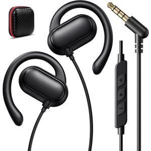 iMangoo 3.5mm Earbuds Wired Over Ear Buds for Kids Women 5FT Long Cord Plug in Headphones Earhook 3.5 mm Jack Corded Earphone Microphone for Airplane Travel Home School Gym Workout Running Sport Black