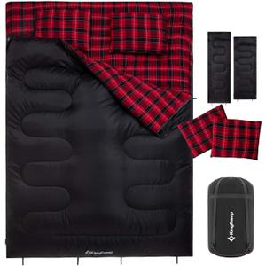 KingCamp Double Sleeping Bag for Adults, Queen Size 2 Person XXL Flannel Sleeping Bag, Waterproof Lightweight Flannel Quilt with 2 Pillows, Perfect for Couples Family Camping Hiking (Envelope-Black)