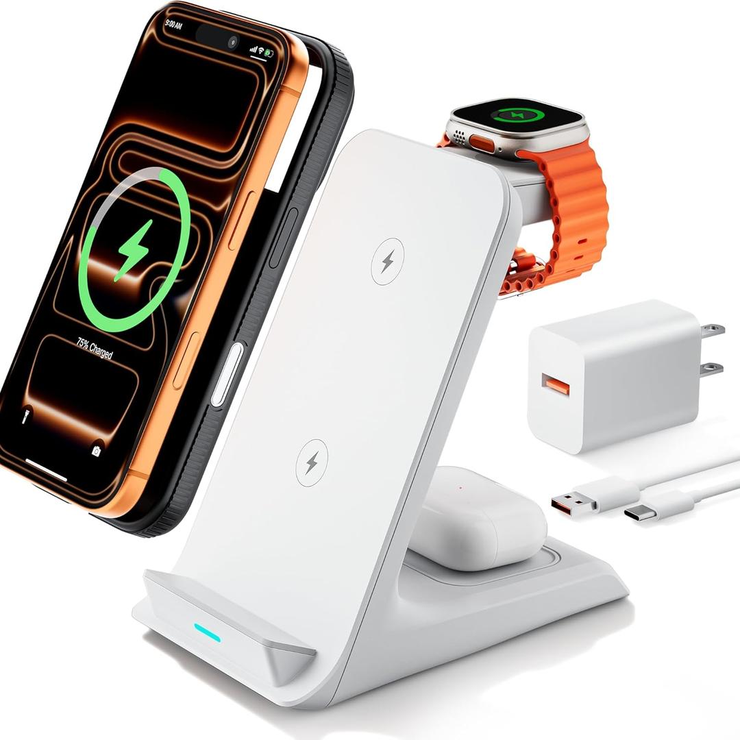 Wireless Charger for Thick Cases of 10MM/Otterbox/Heavy Duty, 3 in 1 Charging Dock for iPhone 17 16 15 14 Pro Max, Phone Stand Charging Station for Multiple Devices for Apple Watch/AirPods (White)