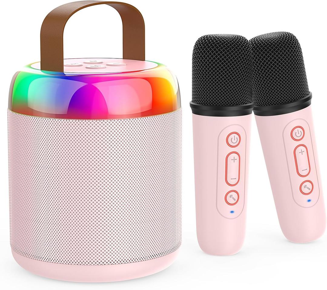 Mini Karaoke Machine for Kids Portable Bluetooth 5.3 Speaker Led Lights with 2 Wireless Microphones Karaoke Gifts for Girls Boys Adult Birthday Christmas Solid Metal Body (Pink)
