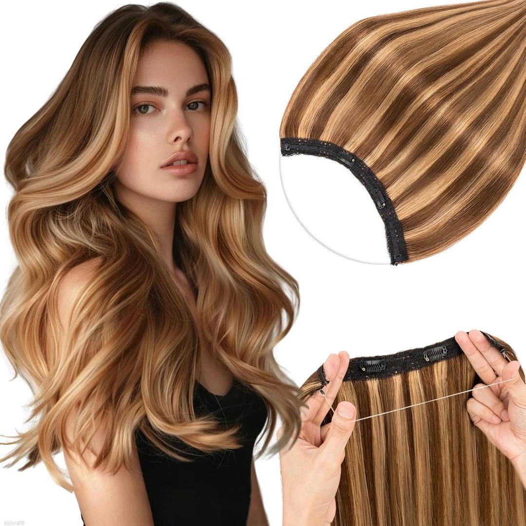 Rich Choices 100% Real Human Halo Hair Extensions for Women Remy Halo Extension Invisible Wire Hairpiece Clip in One Piece Hairpiece Adds Weight 80g 16 Inch #4P27 Medium Brown Highlight Dark Blonde