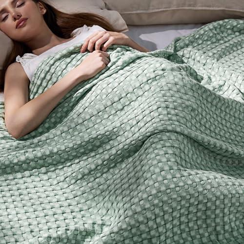 Bedsure Cooling Cotton Waffle Queen Size Blanket - Lightweight Breathable Summer Blanket of Rayon Derived from Bamboo for Hot Sleepers, Luxury Throws for Bed, Couch and Sofa, Sage Green, 90x90 Inches