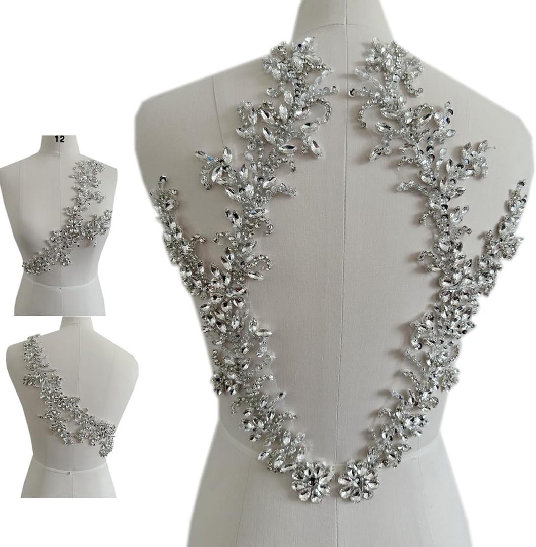 HandMade Glass Rhinestons DIY Clothing Appliques Patch Beads Applique for Jeans Jacket Dress Bags and Other DIY Projects Decoration Beading Flower Applique by Pair (Silver)