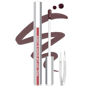 Lip Stain Peel Off Lip Liner Stain with Tweezer, Long Lasting Matte Lip Tint Tattoo, Highly Pigmented Color Lip Makeup, Waterproof Lipstick, Transfer-proof Lipstain for Women, Brown