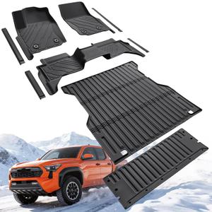 Floor Mats for Toyota Tacoma 2024-2026 Double Cab, All Weather Front & Rear Liners with 5FT Bed Mat, Tailgate Mat & Door Sill Guards for Tacoma 4th Gen(Gas Only), Full Set Car Accessories Truck Carpet