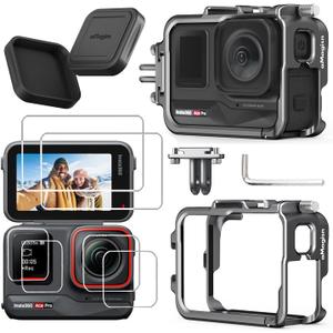 Aluminum Metal Frame Cage Case Bag with Silicone Lens Cap Screen Protector for Insta360 ACE PRO Camera Accessories Kit Anti-Scratch Tempered Glass Protective Film Cover