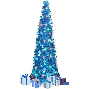 5 FT Pencil Christmas Tree, Collapsible Artificial Sequin Pop Up Christmas Tree, Skinny Pencil Tinsel Christmas Trees, Xmas Tree for Home Apartment Basement Fireplace (Pure Blue)