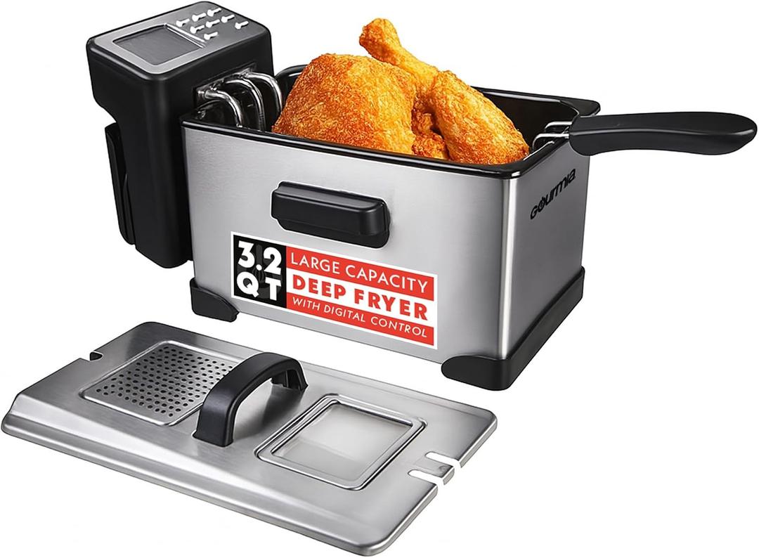 Gourmia 3.2 Qt Countertop Deep Fryer Electric Oil Fryer with Digital Display, Adjustable 280F380F Temperature Control, Viewing Window, Odor Filter Lid & Magnetic Safety Cord