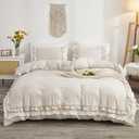 Bedorm Beige Duvet Cover Set King Ruffle Bedding Set Pleat Ruffled Shabby Chic Comforter Cover Extra Soft & Easy Care White Boho Duvet Cover with Zipper Closure (Cream)