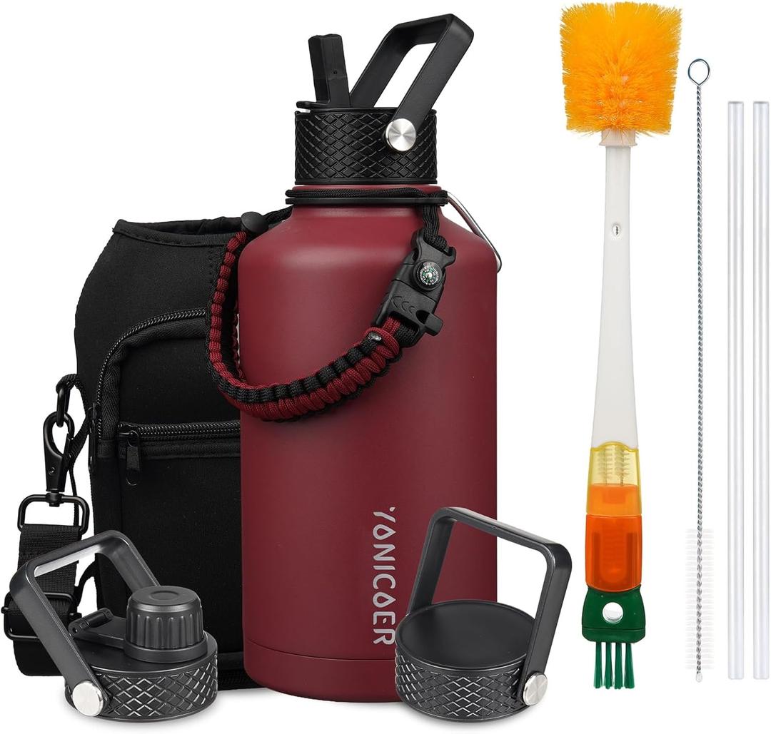YONICOER Insulated Water Bottle 64oz, Triple Wall Vacuum Stainless Steel(Dishwasher Safe), Leak Proof & Non-BPA, Flask Jug with Paracord Handle & Straw Spout Lids Sports Red