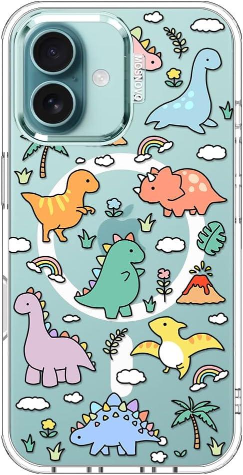 MOSNOVO Case for iPhone 16, [Compatible with Magsafe] [Buffertech 6.6ft Military-Grade Drop Protection] [Anti Peel Off Tech] Clear Phone Case Design - Dinosaur Land