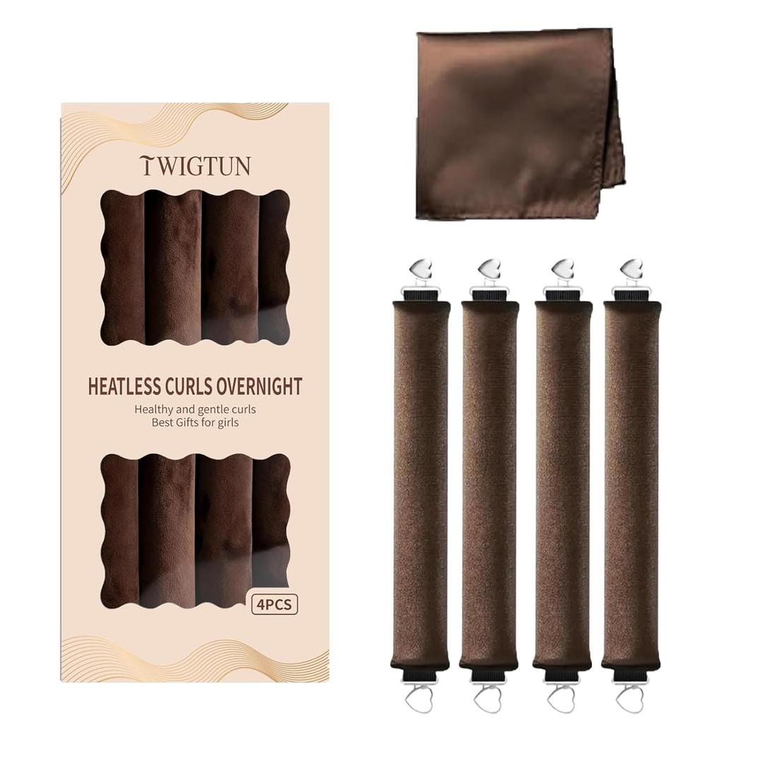4pc Heatless Curls Overnight Hair Curlers - 4 Pcs No-Heat Curling Rod to Sleep In and Shower Cap,Velvet Hair Rollers with Satin Wrap (new packaging)