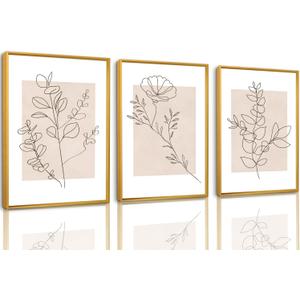 CHDITB Floral Line Framed Canvas Wall Art Set, Minimalist Flower Wall Decor, Neutral Beige Plants Wall Painting, Abstract Botanical Leaf Stripe Art Print for Living Room, Bedroom, Office - 16"x24"x3
