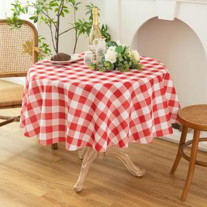 Waterproof Plaid Tablecloth Fabric - Round 90 Inch Classic Gingham Checker Table Cloth for Indoor/Outdoor Use - Buffalo Table Cover for Picnics, BBQs, and Parties (Red White)