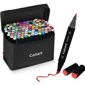 Caliart Markers, 100 Colors Dual Tip Art Markers Sketch Pens Permanent Alcohol Based, with Case for Adult Kids Halloween Drawing Sketching (Black Barrel)