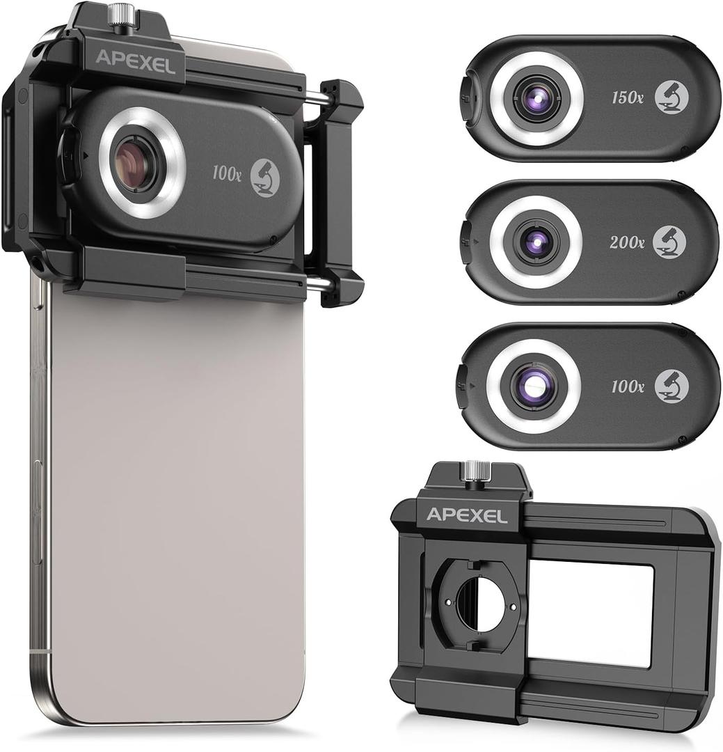 APEXEL 3-in-1 Phone Microscope Lens, PhoneMicro 5 Series 100X/150X/200X Phone Micro Lens for Android/iPhone with LED Light/CPL/Universal Clip, Phone Lens Attachment Mini Pocket Microscope Camera