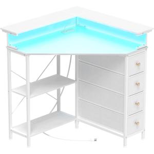 VENNQD Corner Desk with Drawers Shelves for Small Space 90 Degrees Triangle Computer Desk with Power Outlets,Gaming Desk with LED Lights Monitor Stand for Home Office Workstation Writing Table (White), 31.89 Inches X 31.89 Inches X 34.84 Inches
