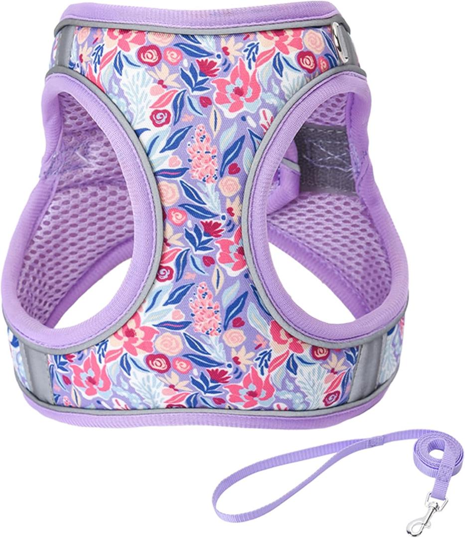 JUFOO S Light Purple Flower Pattern Dog Harness and Leash Set,No Escape Puppy Harnesses for Training Walking Breathable Adjustable Puppy Vest for Small Medium Dogs, Cats (Light Purple, S)